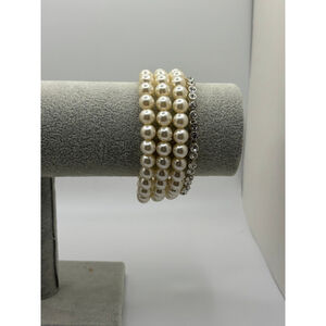 Cream Pearl & Silver Rhinestone Bracelet Set